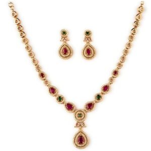 Micro Gold Plated Multi Color AD American Diamond Jewellery Necklace Jewellery Set for Women and Girls