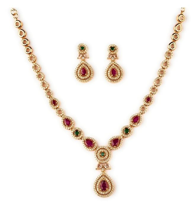 Micro Gold Plated Multi Color AD American Diamond Jewellery Necklace Jewellery Set for Women and Girls
