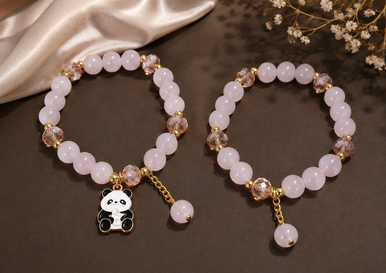 Pink Beaded Panda Bracelet for Girls (2piece)