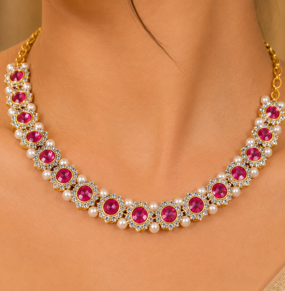 Royal Pink Pearl Crystal Necklace Set For Women - Image 2