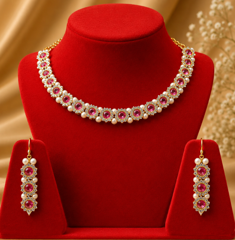 Royal Pink Pearl Crystal Necklace Set For Women