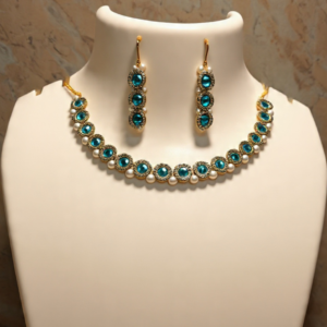 Gold-Plated Teal Blue Crystal Pearl Necklace Set For Women