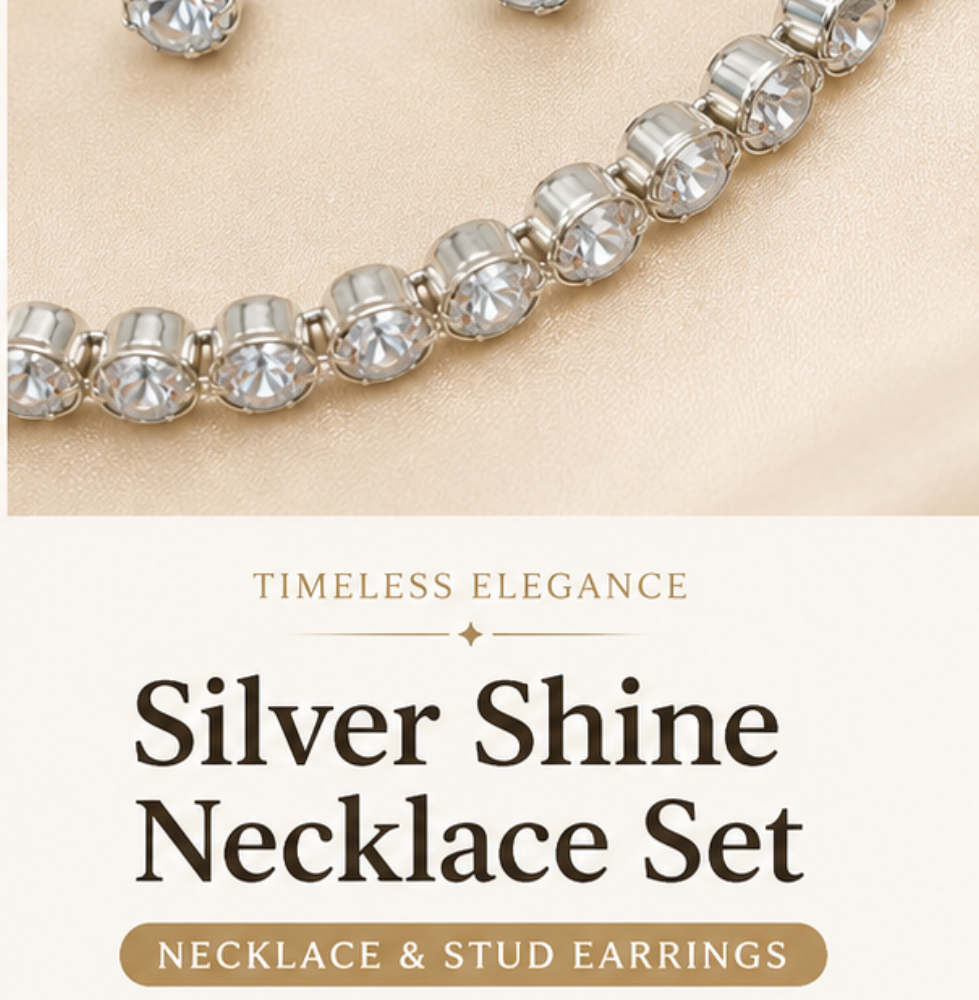 Elegant Silver-Tone Crystal Necklace & Stud Earrings Set for Women - Image 4