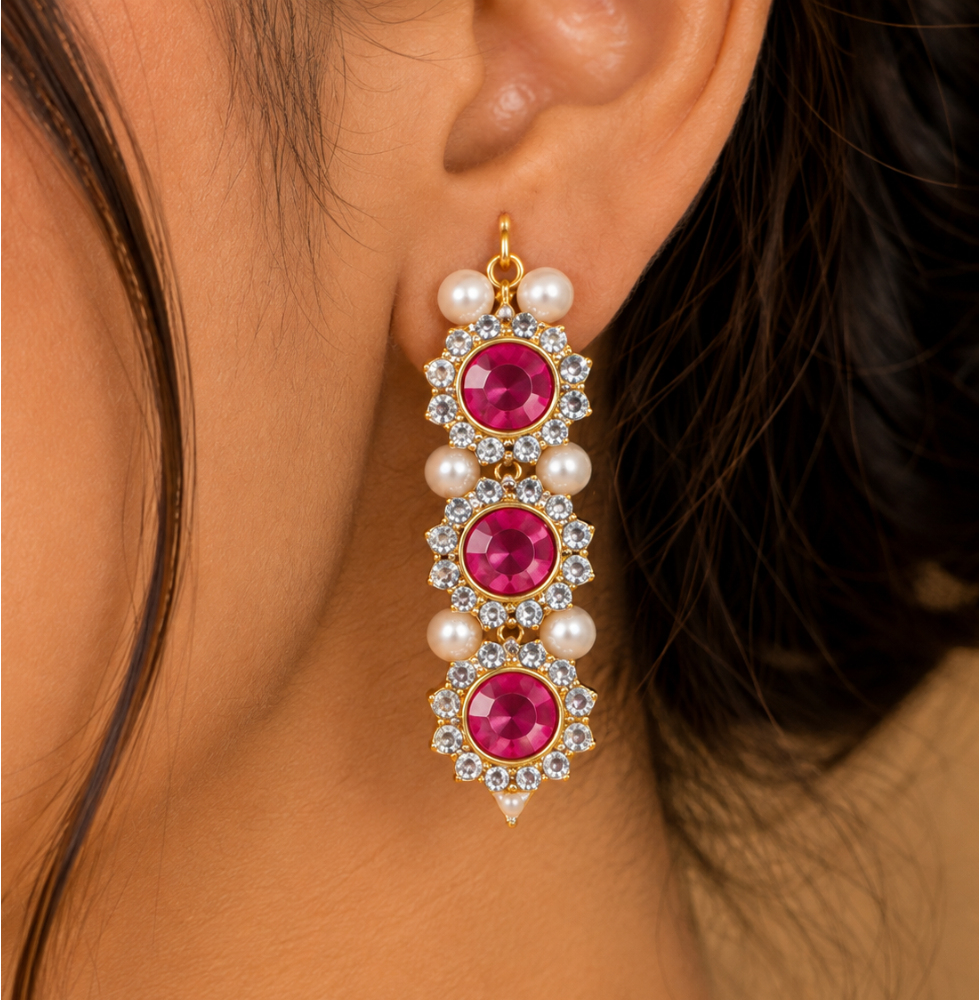 Royal Pink Pearl Crystal Necklace Set For Women - Image 3