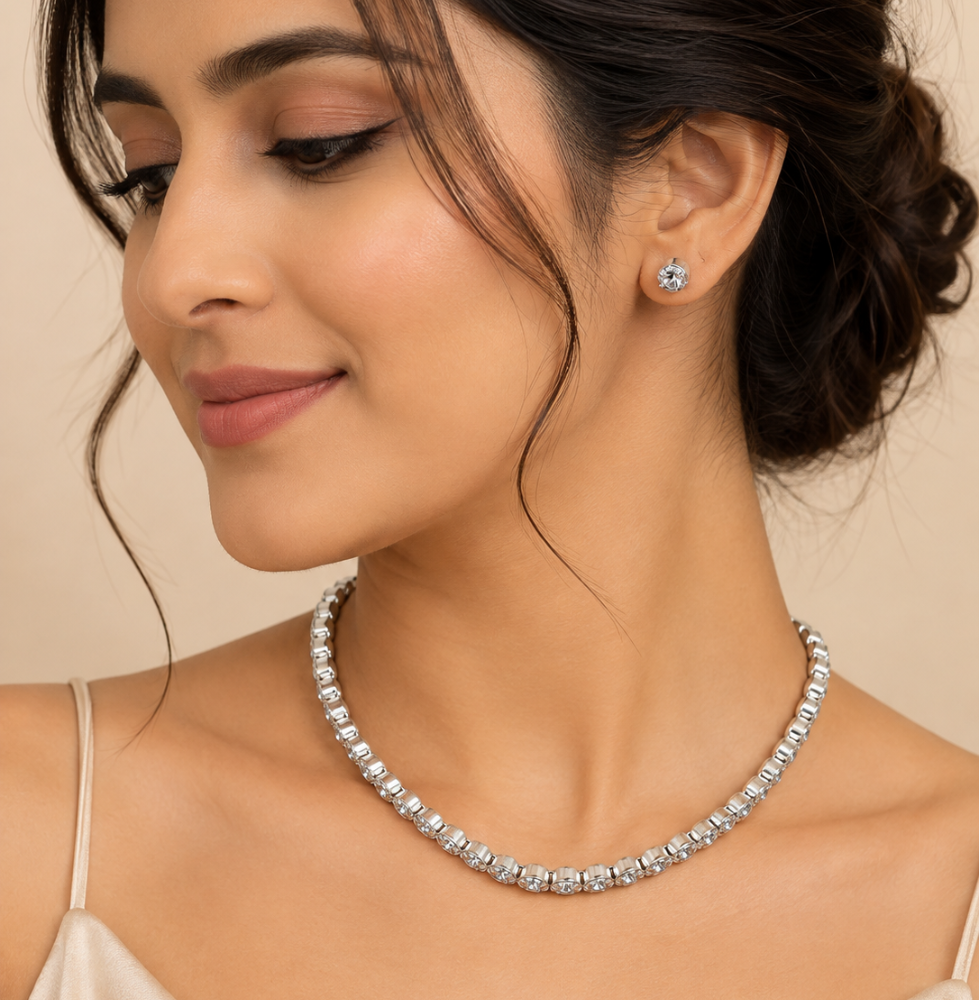 Elegant Silver-Tone Crystal Necklace & Stud Earrings Set for Women - Image 3
