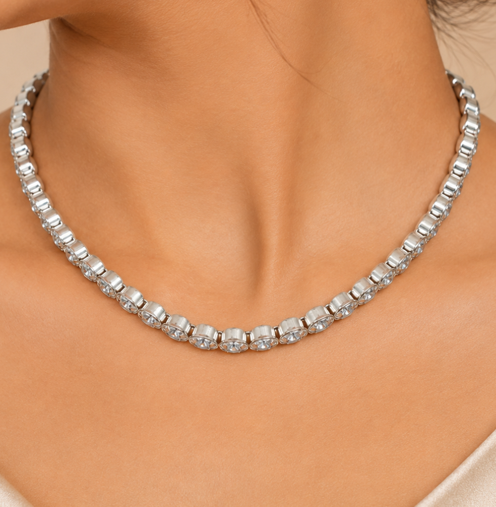 Elegant Silver-Tone Crystal Necklace & Stud Earrings Set for Women - Image 2