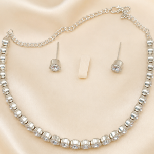 Elegant Silver-Tone Crystal Necklace & Stud Earrings Set for Women