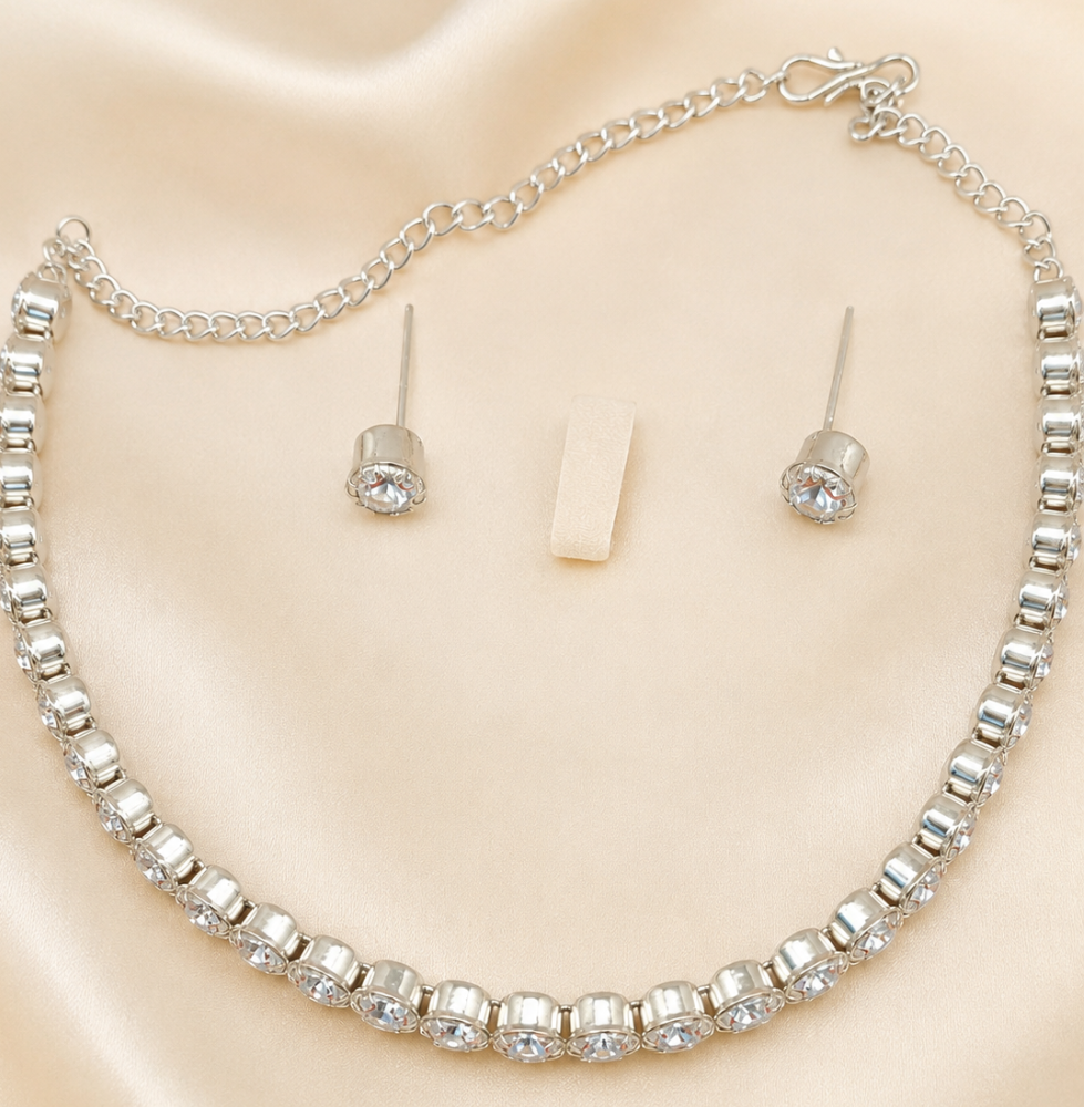 Elegant Silver-Tone Crystal Necklace & Stud Earrings Set for Women