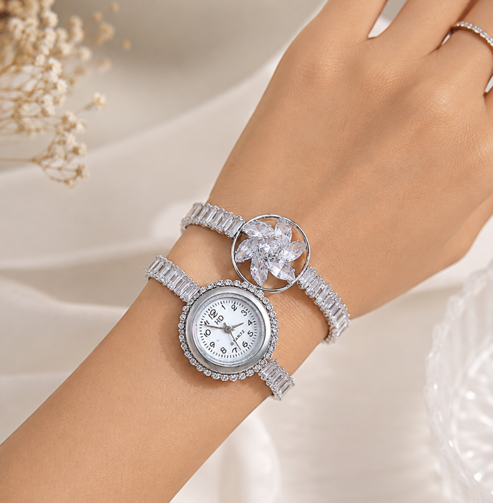 Elegant Silver Flower Design Bracelet Watch