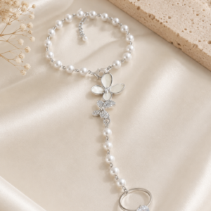 Elegant Pearl Floral Hand Chain Bracelet with Ring