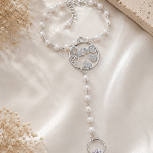 Elegant Pearl Floral Hand Chain Bracelet with Heart Charm
