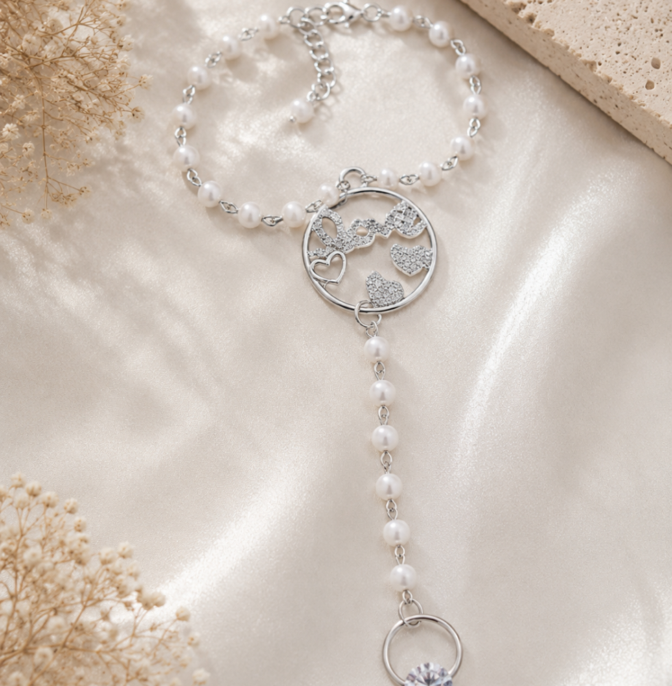 Elegant Pearl Floral Hand Chain Bracelet with Heart Charm