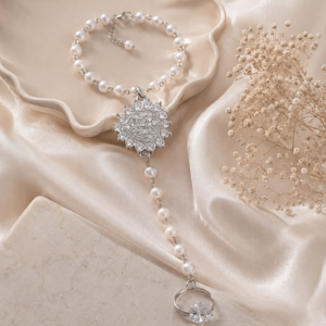 Elegant Pearl Sunburst Hand Chain Bracelet with Crystal Ring