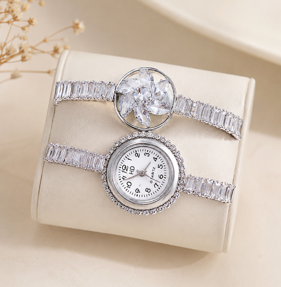 Elegant Silver Flower Design Bracelet Watch - Image 2