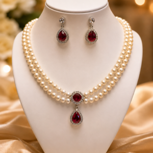 Pearl Necklace Set with Red Stone Pendant & Earrings