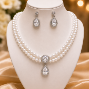 Elegant White Pearl Necklace Set with Diamond-Style Pendant ; Earrings