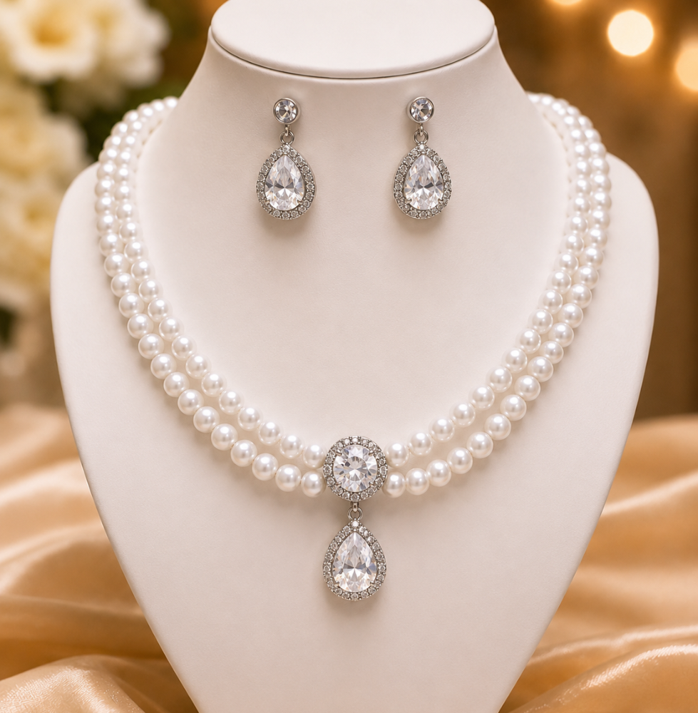 Elegant White Pearl Necklace Set with Diamond-Style Pendant ; Earrings