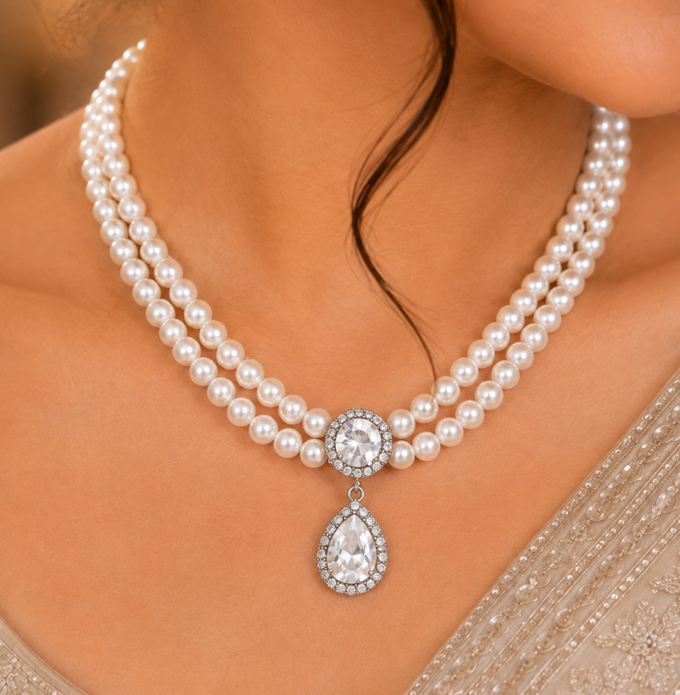 Elegant White Pearl Necklace Set with Diamond-Style Pendant ; Earrings - Image 2