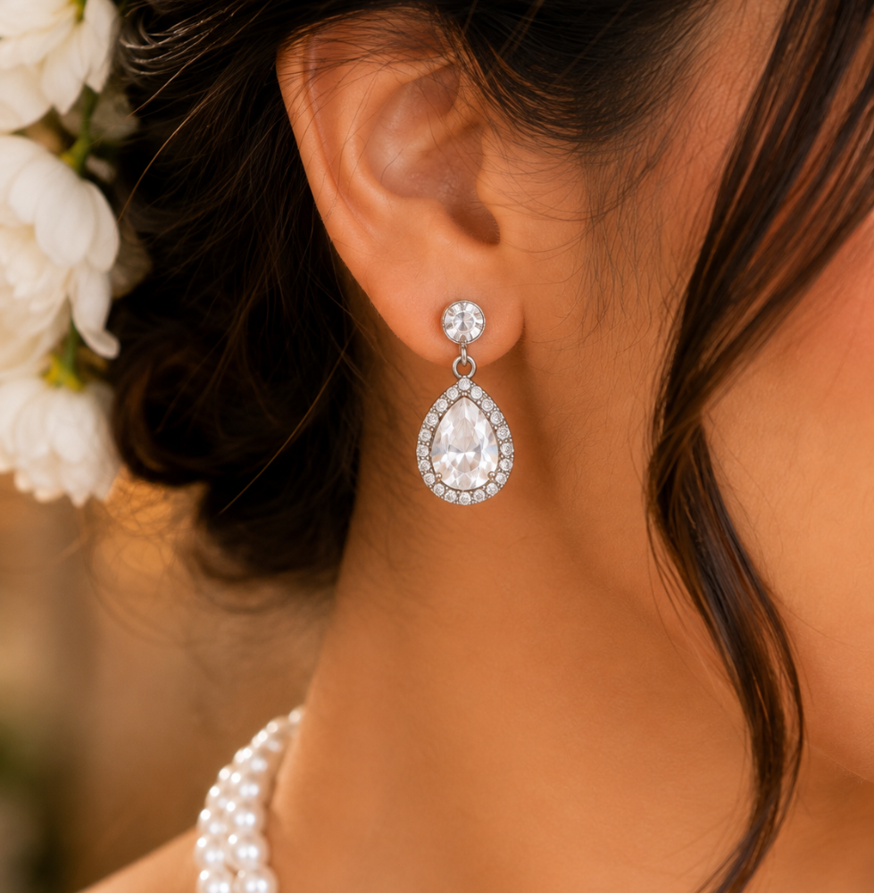 Elegant White Pearl Necklace Set with Diamond-Style Pendant ; Earrings - Image 3