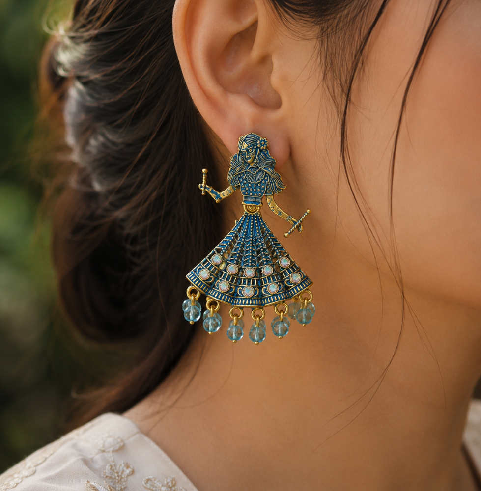 Royal Blue Ethnic Gold Plated Designer Dangle Earrings for Women - Image 2
