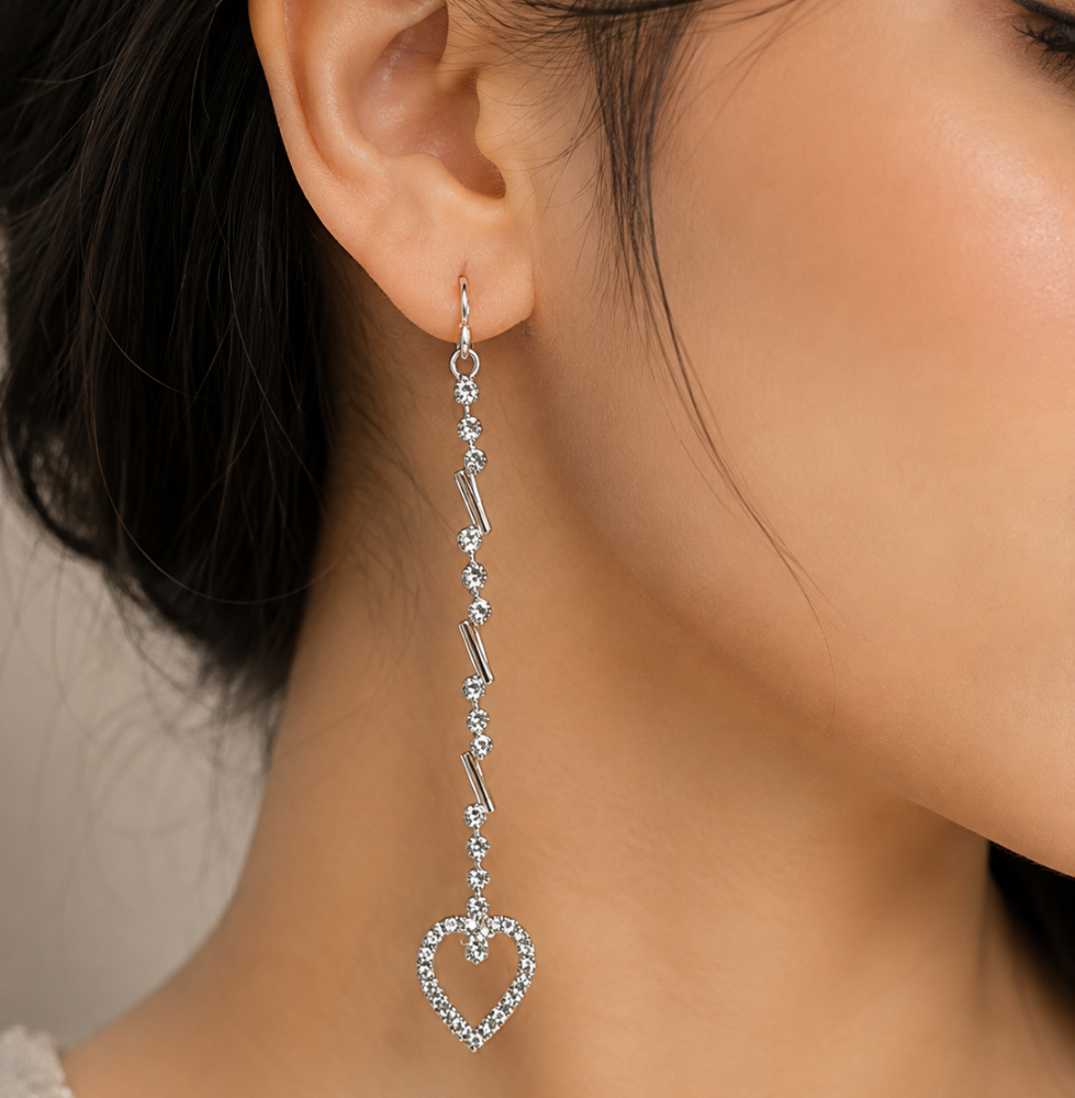 Elegant Silver Heart Crystal Drop Earrings for Women - Image 2