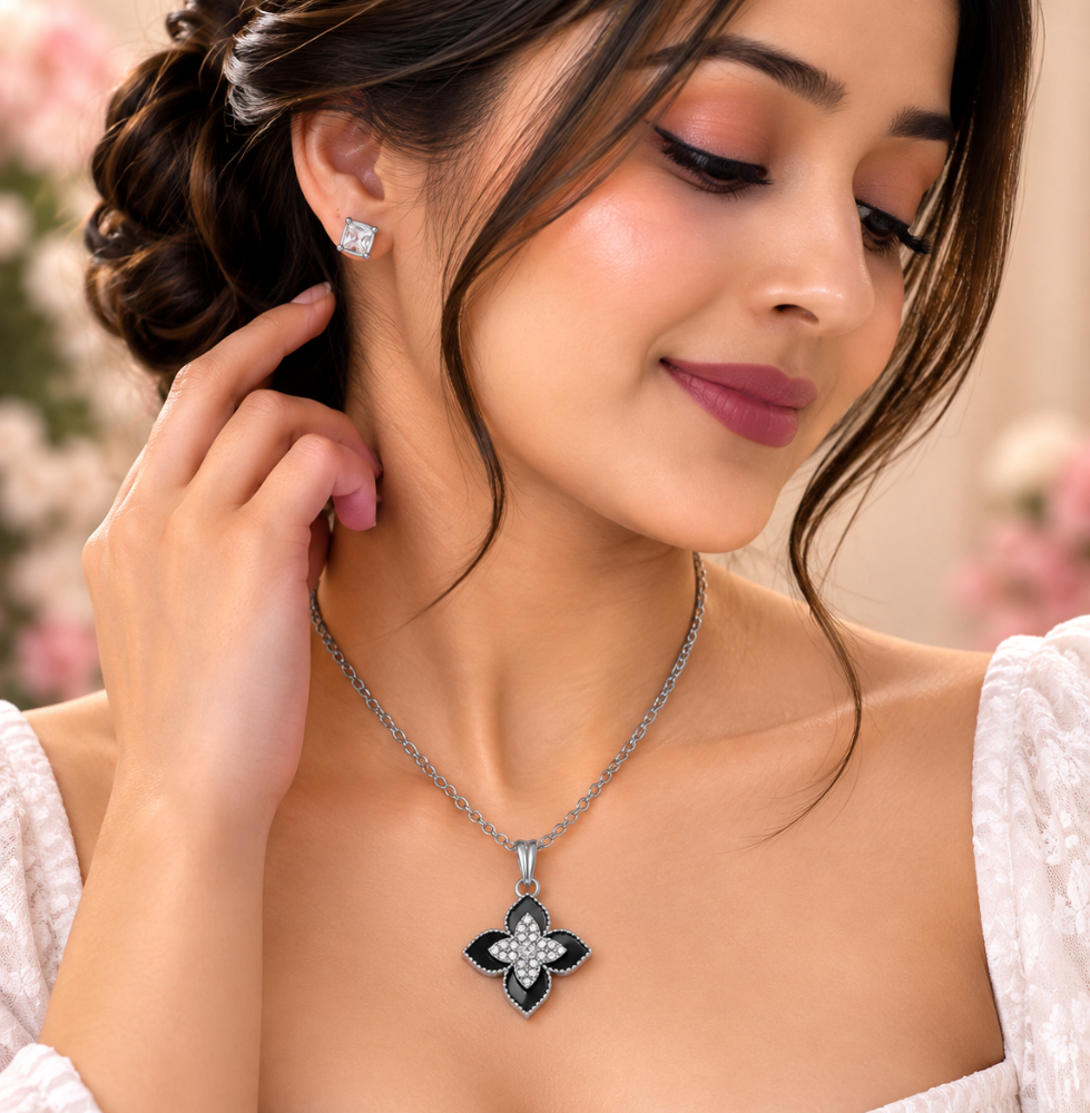 Black Floral Crystal Pendant Necklace & Stud Earrings Set - Image 2