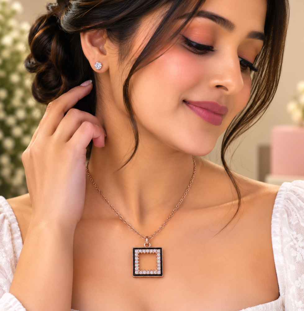 Rose Gold Square Crystal Pendant & Stud Earrings Set - Image 2