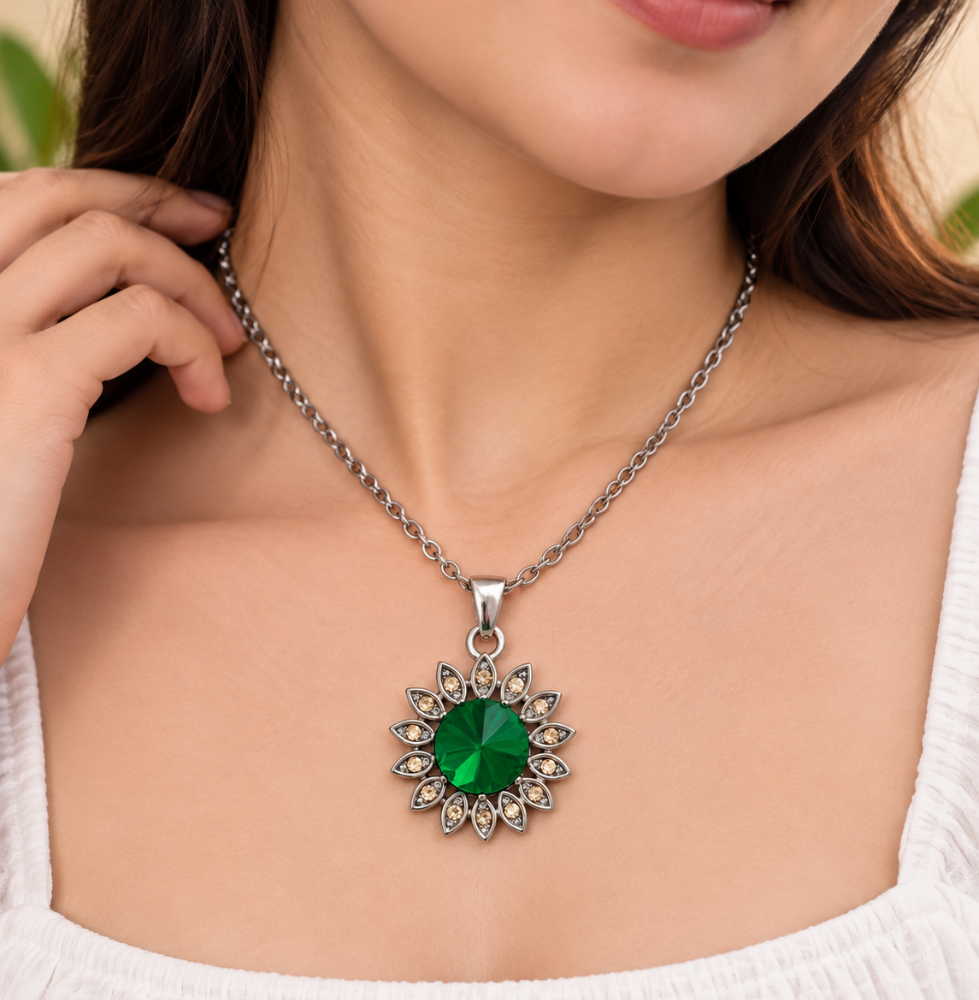 Emerald Green Floral Statement Necklace - Image 2