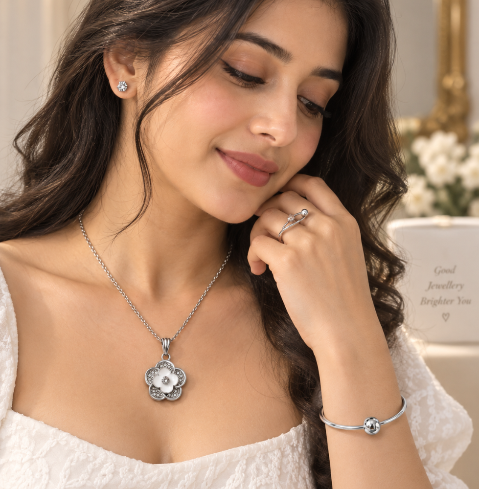 Elegant Silver Floral Jewellery Set – Necklace, Earrings, Ring & Bangle - Image 2