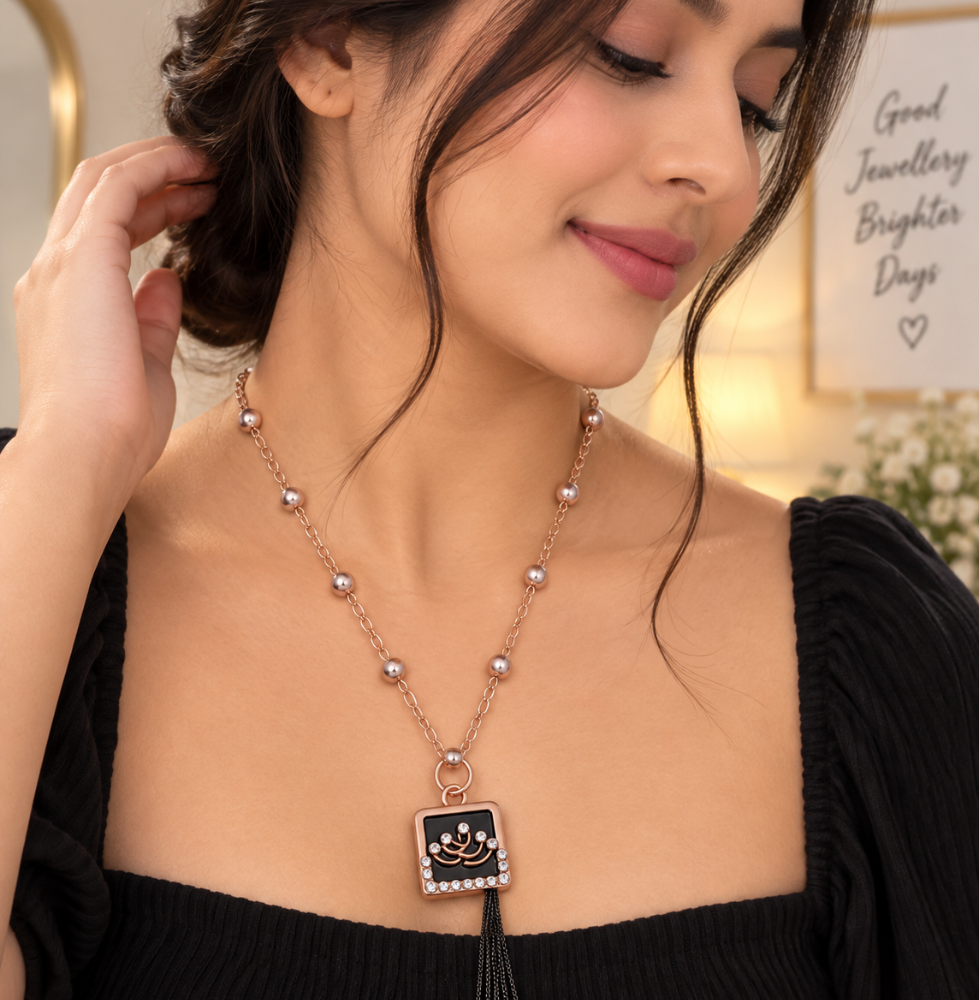 Rose Gold Black Tassel Statement Necklace - Image 2