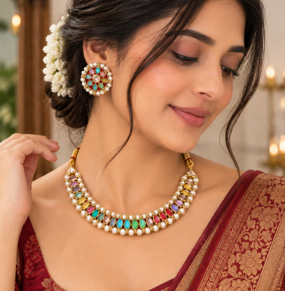Multicolor Pearl Floral Necklace Set - Image 2