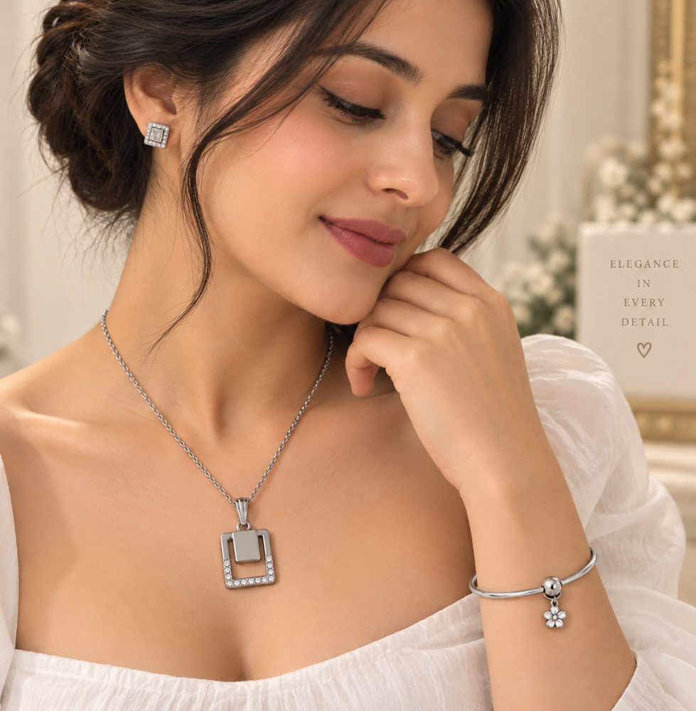 Elegant Silver Geometric Jewellery Set – Necklace, Earrings & Bracelet - Image 2