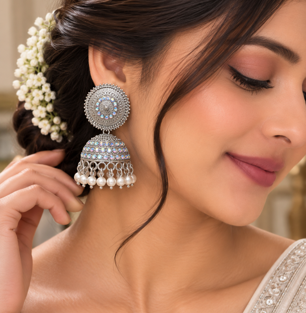 Silver Round Stud Jhumka Earrings - Image 2