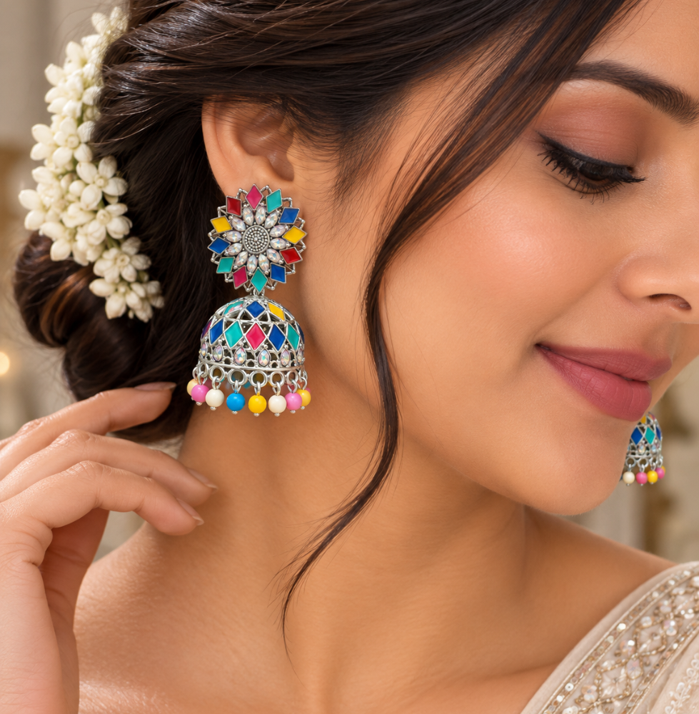 Multicolor Silver Floral Jhumka Earrings - Image 2