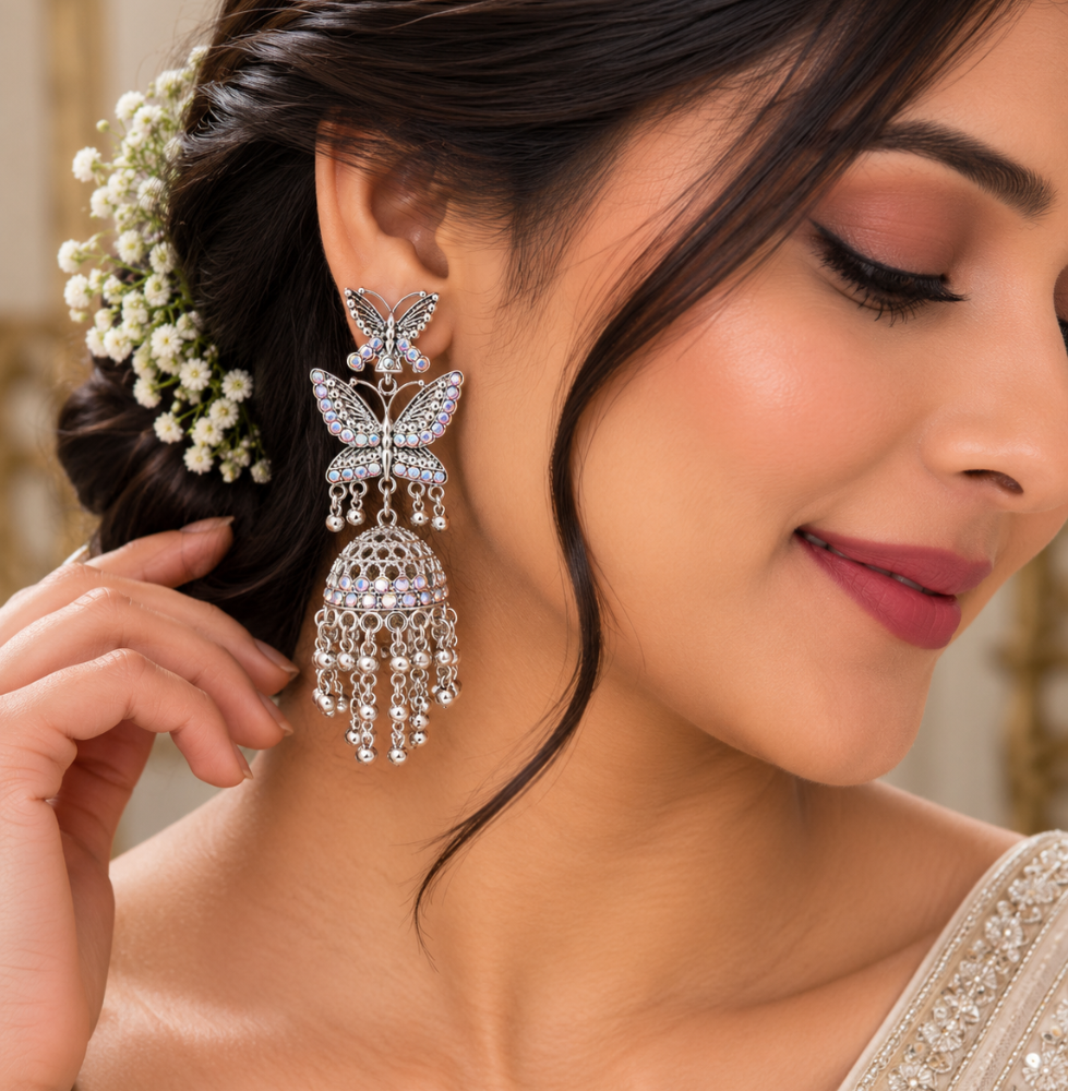 Silver Butterfly Jhumka Earrings - Image 2