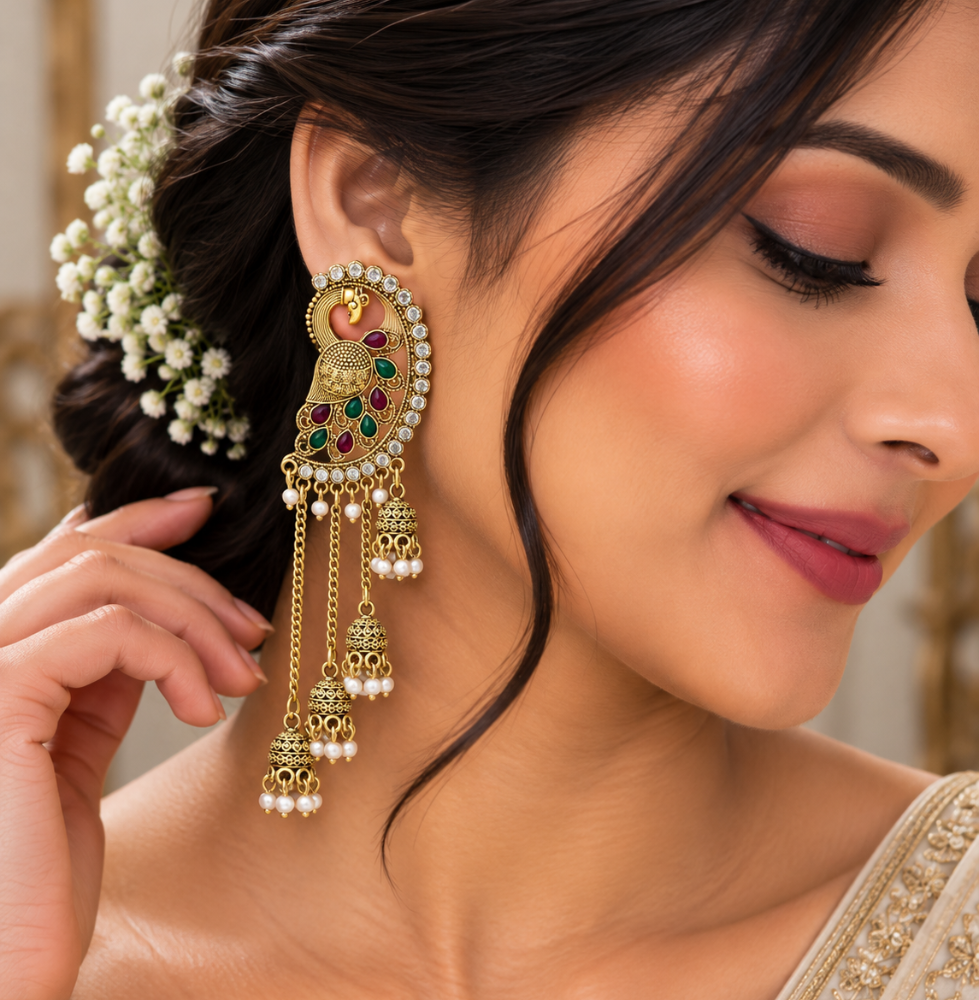 Peacock Design Gold-Tone Jhumka Earrings - Image 2