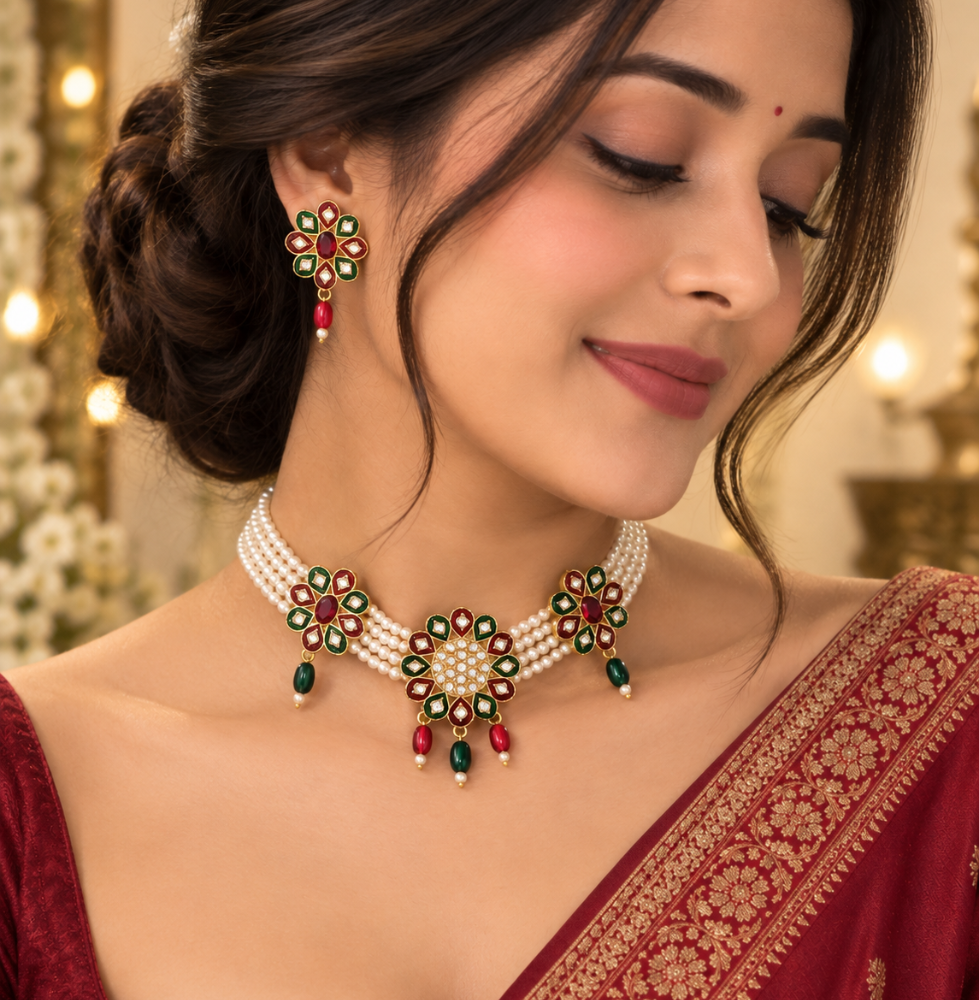 Royal Kundan Pearl Floral Jewellery Set – Necklace & Earrings - Image 2
