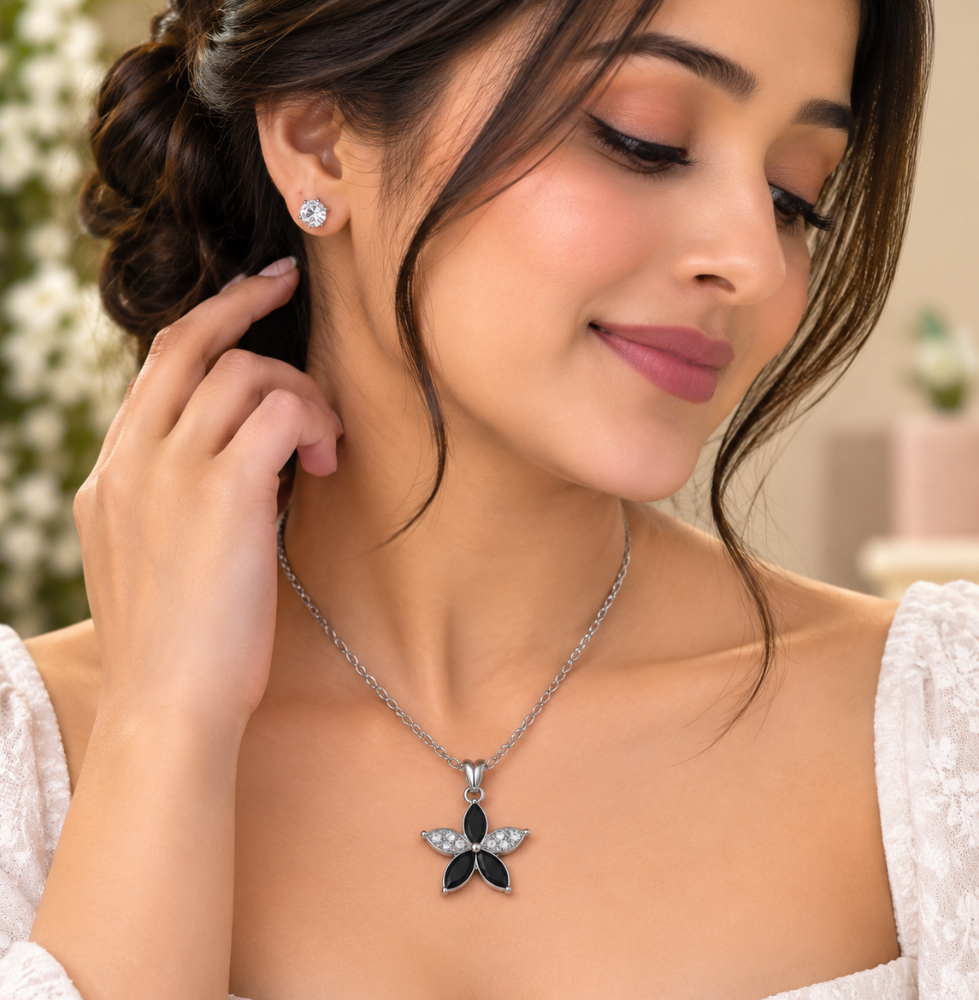 Elegant Silver Black Floral Pendant Necklace & Earrings Set - Image 2