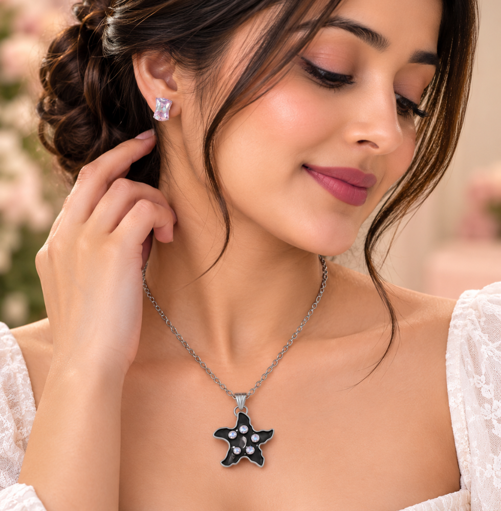 Elegant Silver Black Floral Star Pendant Necklace & Earrings Set - Image 2
