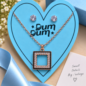 Rose Gold Square Crystal Pendant & Stud Earrings Set