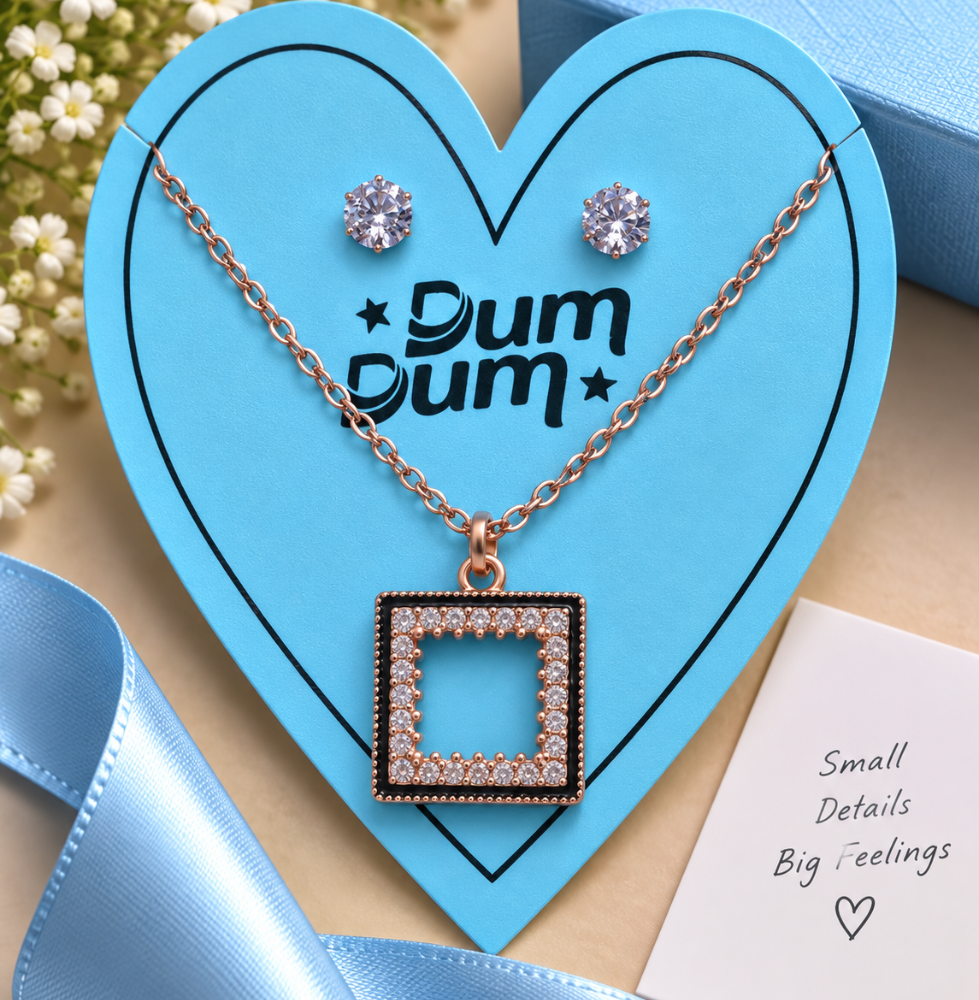 Rose Gold Square Crystal Pendant & Stud Earrings Set