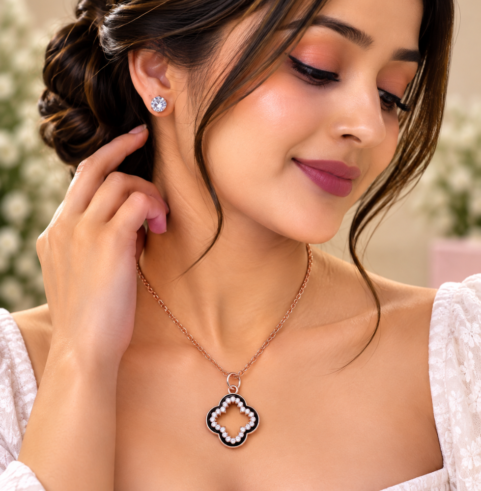 Rose Gold Clover Crystal Pendant & Stud Earrings Set - Image 2