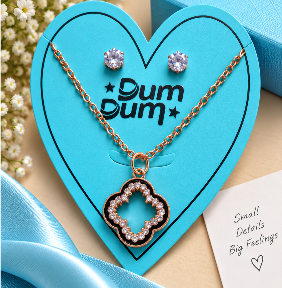 Rose Gold Clover Crystal Pendant & Stud Earrings Set