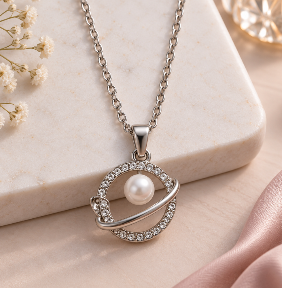 Pearl Orbit Crystal Pendant Necklace