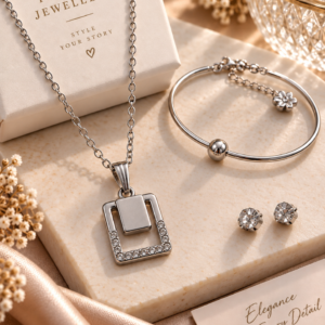 Elegant Silver Geometric Jewellery Set – Necklace, Earrings & Bracelet