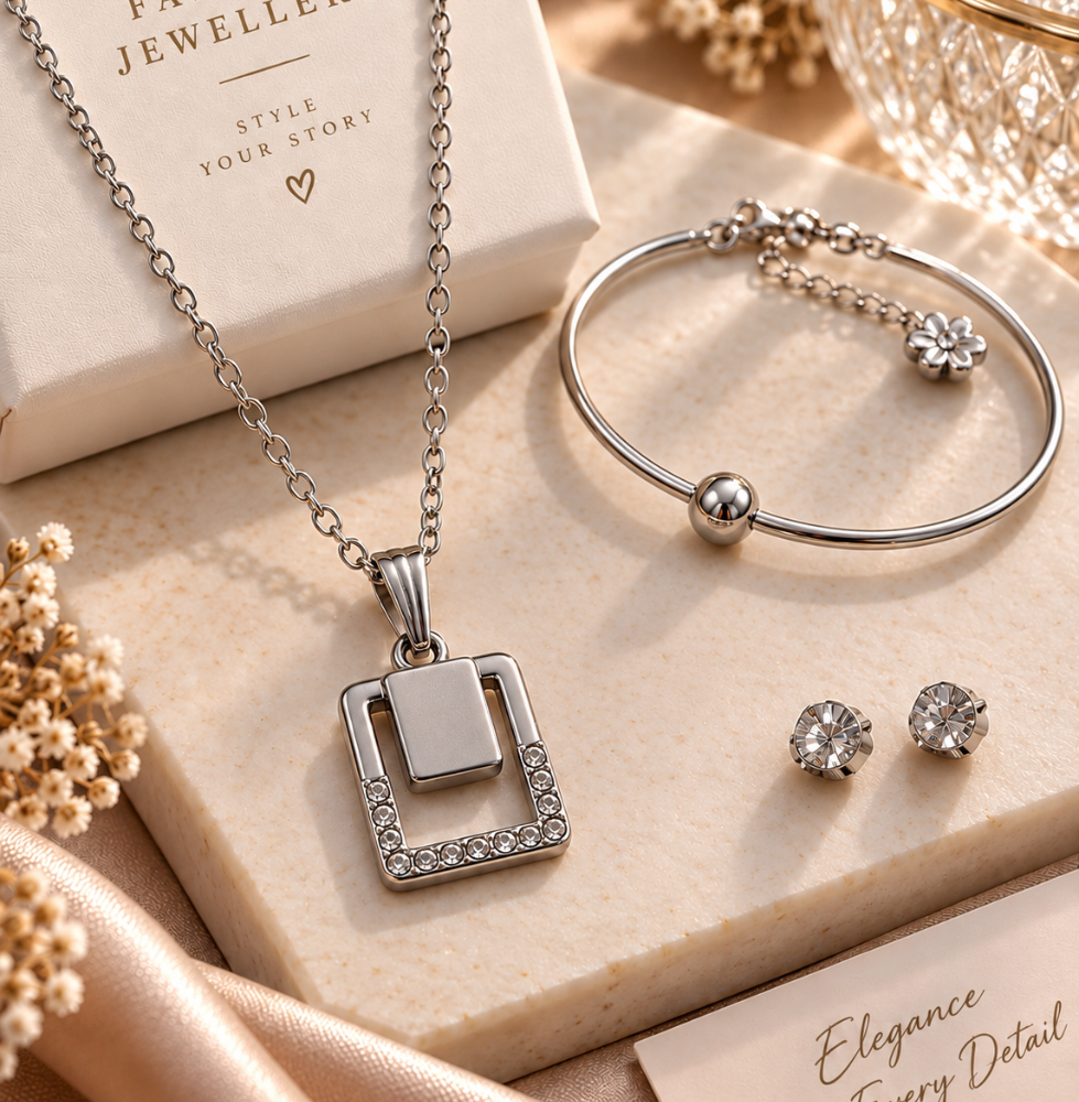 Elegant Silver Geometric Jewellery Set – Necklace, Earrings & Bracelet