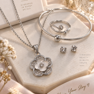 Elegant Silver Floral Jewellery Set – Necklace, Earrings, Ring & Bangle