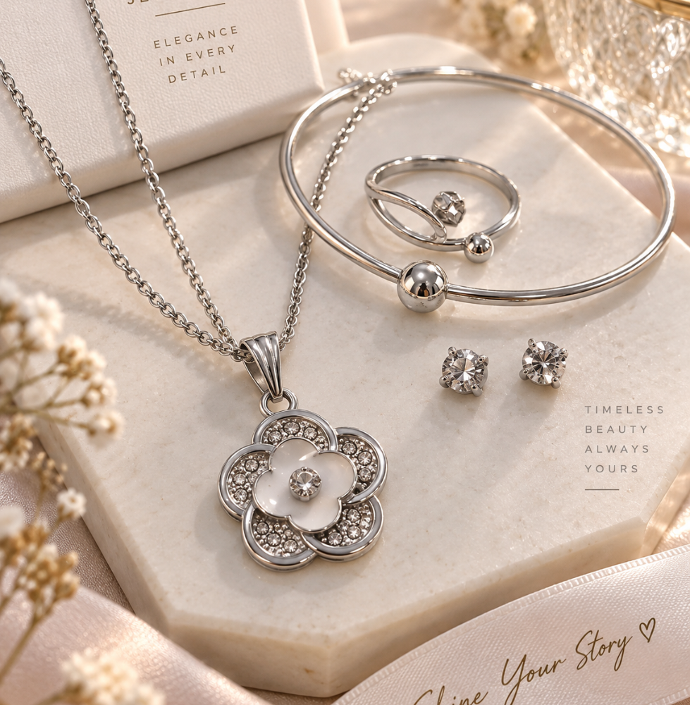 Elegant Silver Floral Jewellery Set – Necklace, Earrings, Ring & Bangle