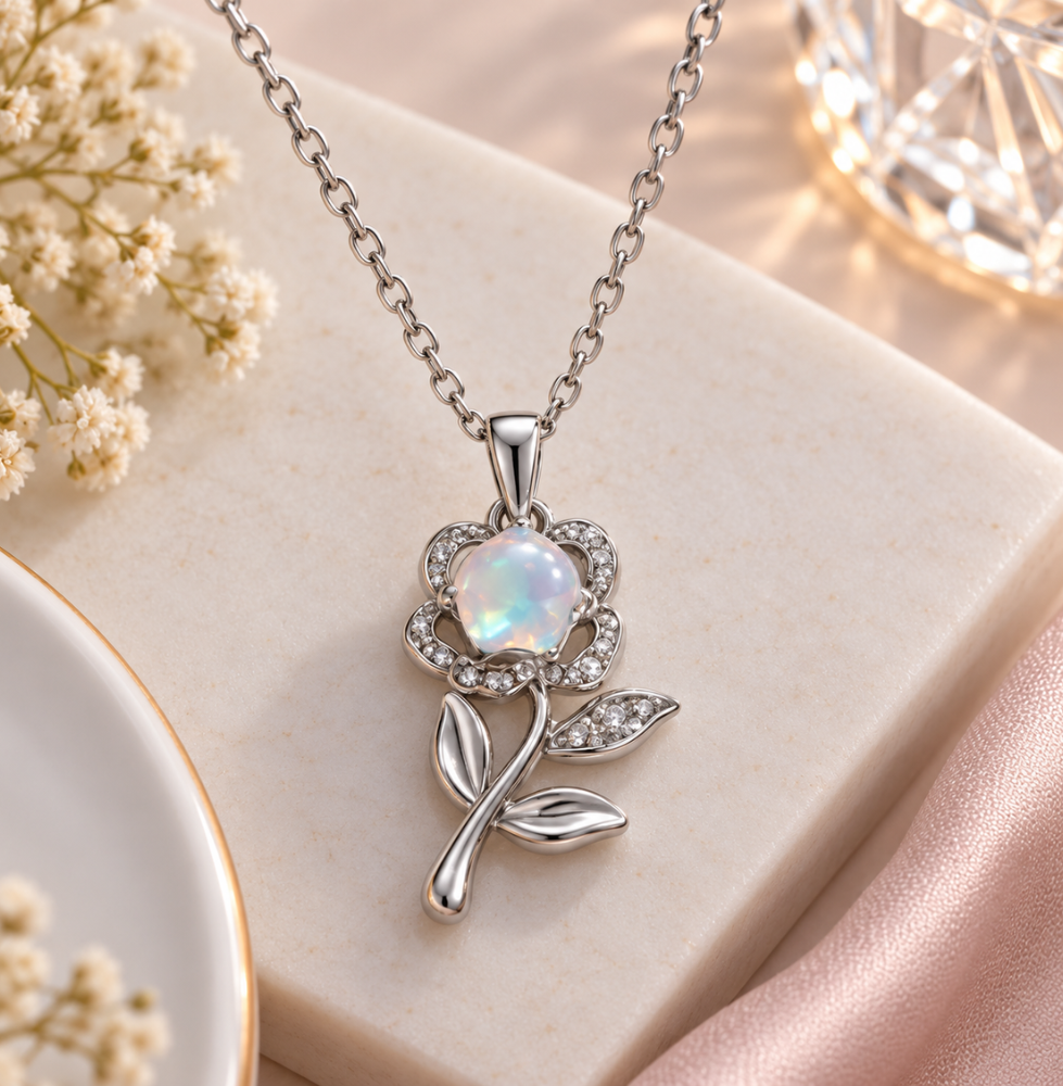 Opal Flower Crystal Pendant Necklace