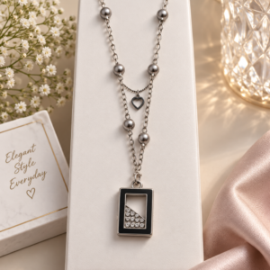 Silver Black Geometric Crystal Pendant Necklace